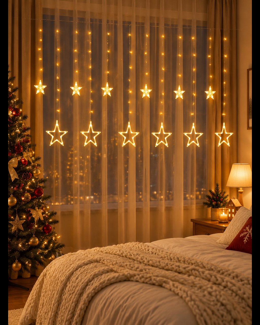 Cortina de estrellas en blanco cálido en el cuarto