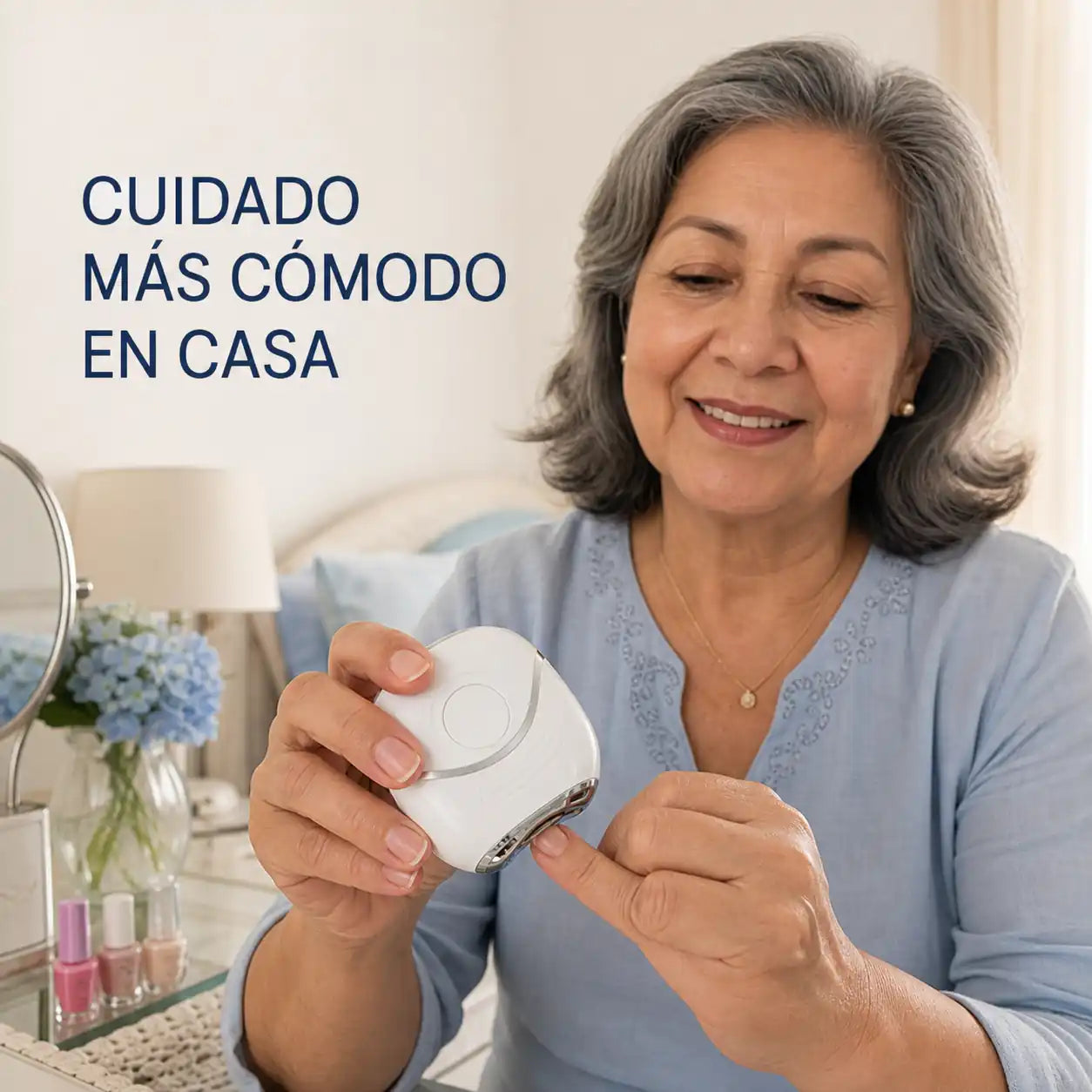 Mujer adulta mayor usando el cortaúñas eléctrico en casa