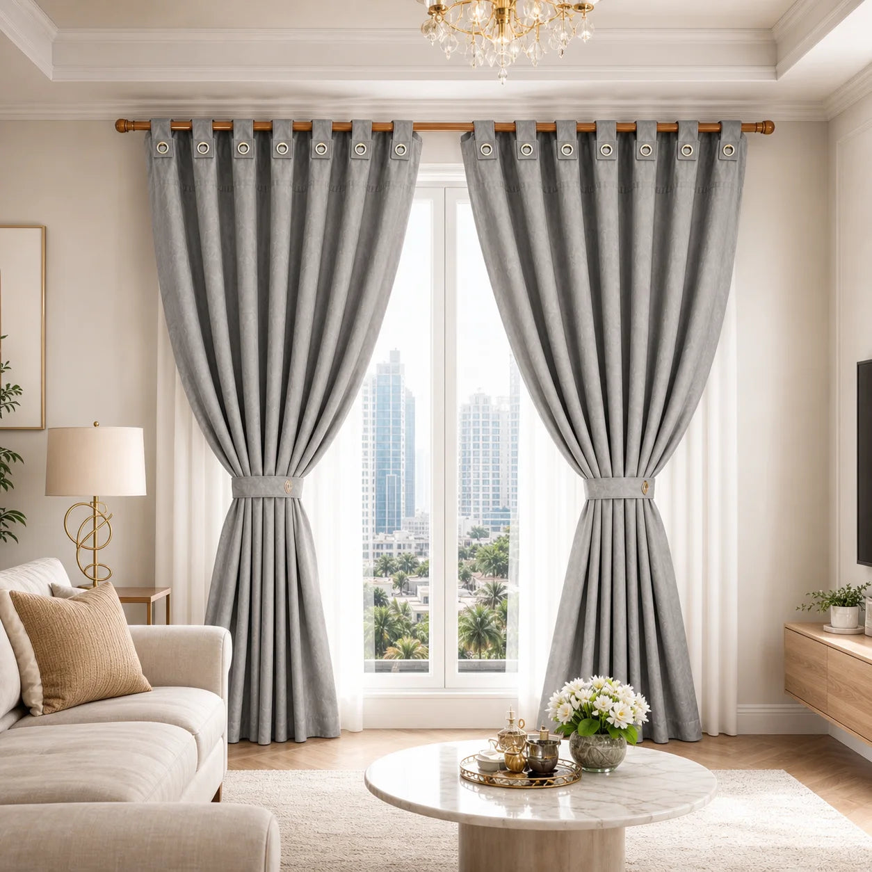 Juego completo de cortinas Jacquard grises instalado en una sala