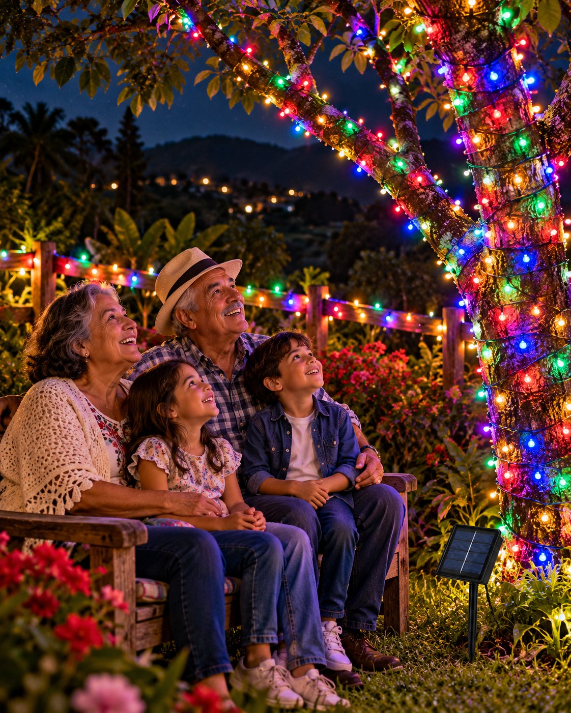 Árbol del jardín con luces multicolor