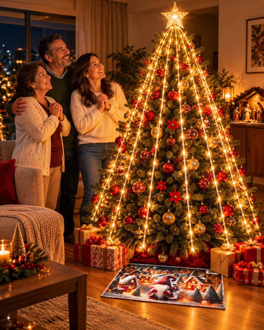 Familia frente al árbol iluminado con las luces estrella cascada
