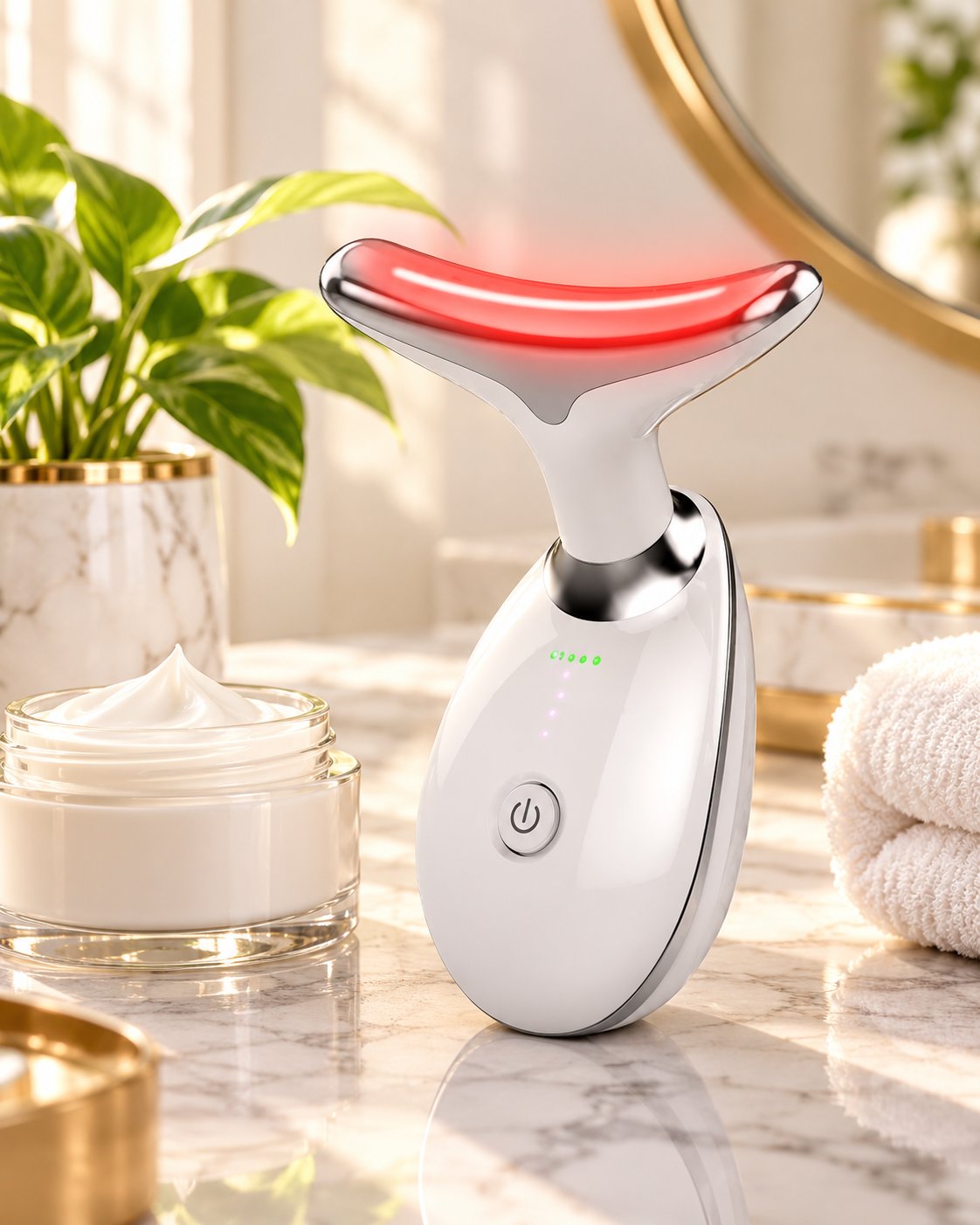 Masajeador facial con luz LED sobre el tocador