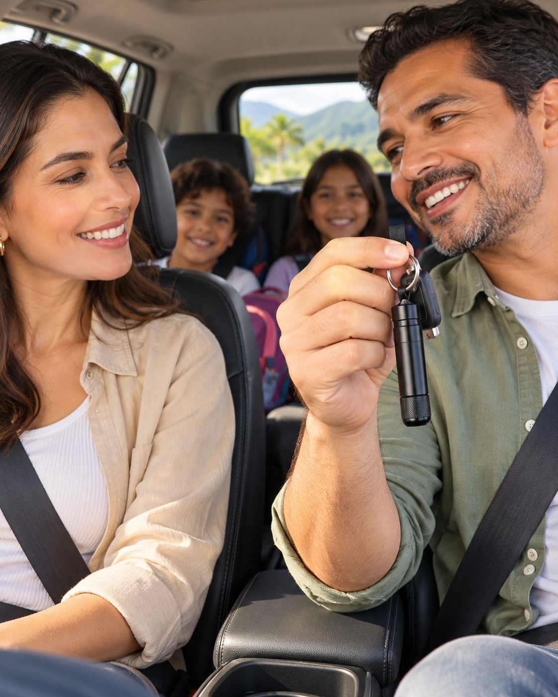 Familia en el carro antes de un viaje
