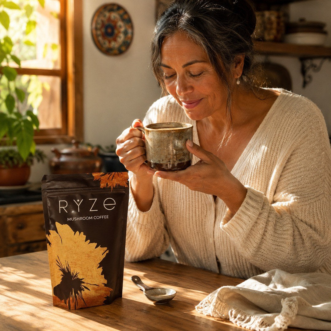 Mujer tomando su Café RYZE en la mañana