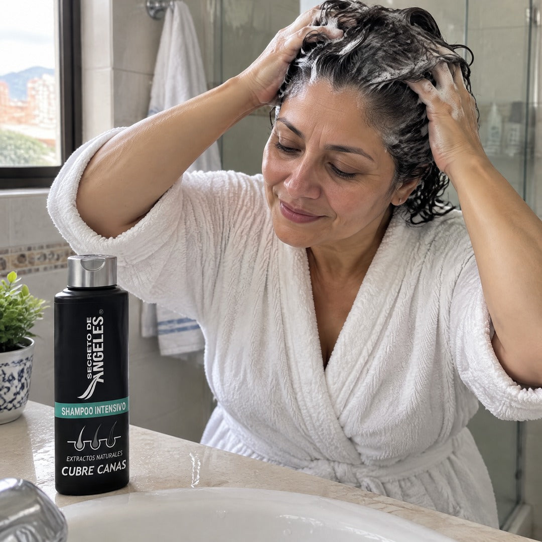 Una señora de 50 lavándose el cabello con el shampoo cubre canas