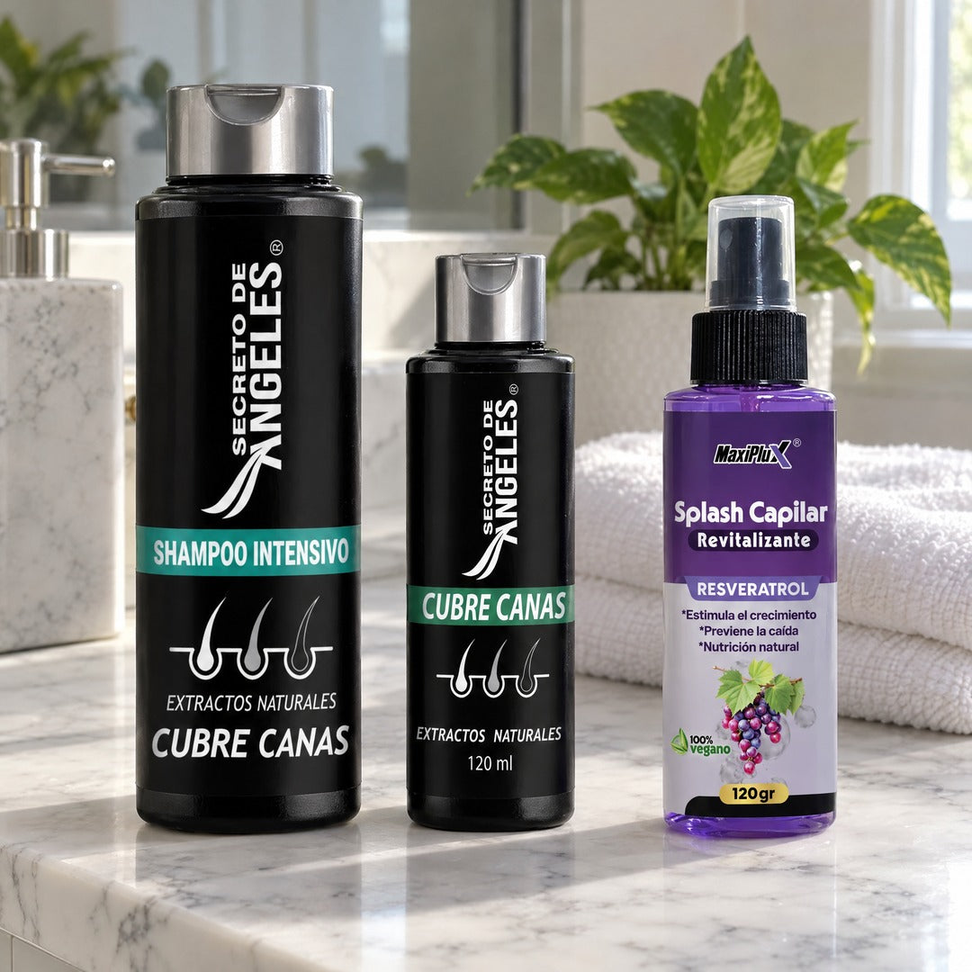 Shampoo cubre canas con sus dos obsequios: frasco de 120 ml y splash capilar