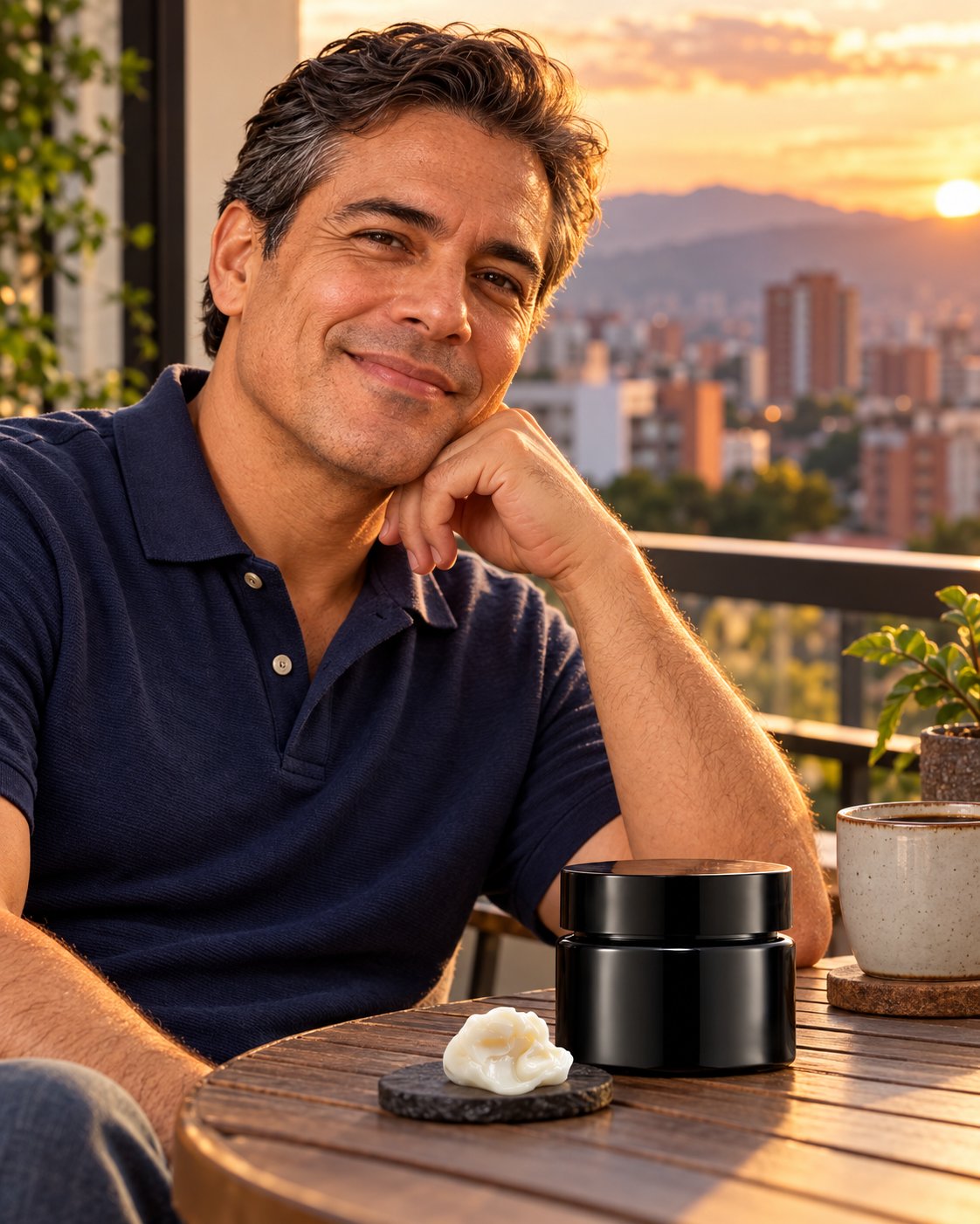 Hombre con la piel del rostro cómoda e hidratada