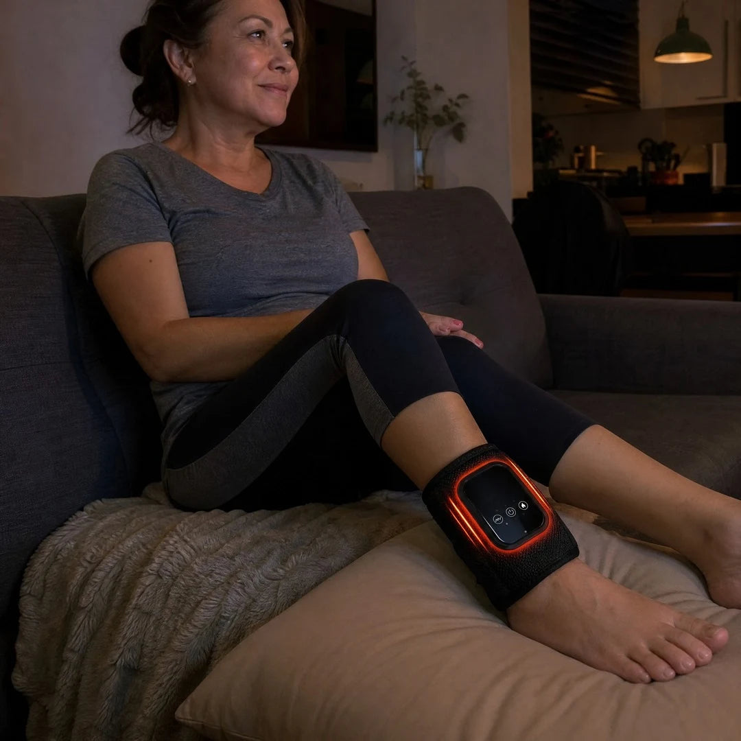 La tobillera puesta mientras ve televisión en el sofá