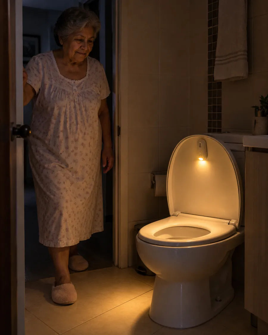 Señora mayor entra al baño de noche guiada por la luz suave que sale de la tapa del inodoro