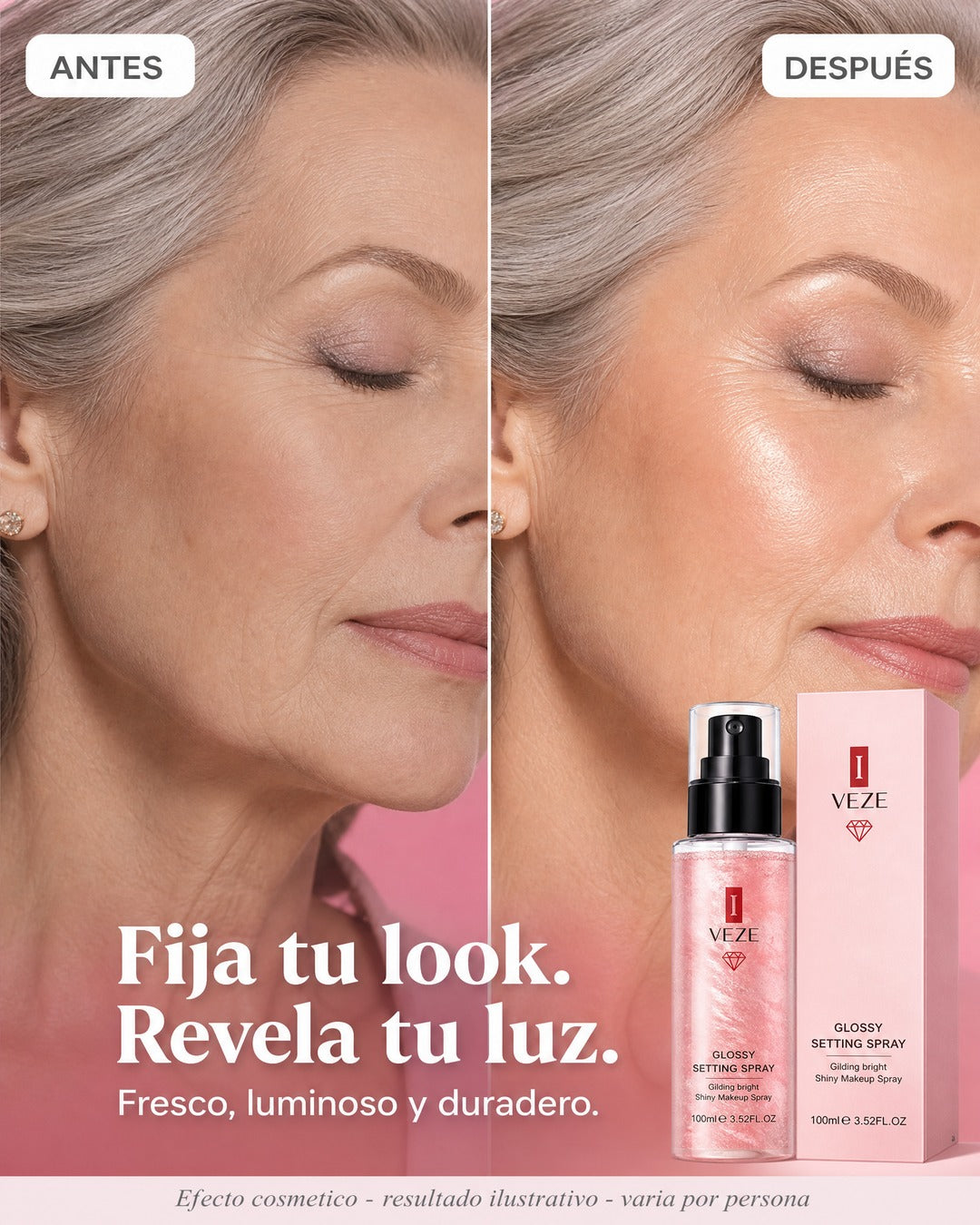 Antes y después · piel fijada con glow luminoso