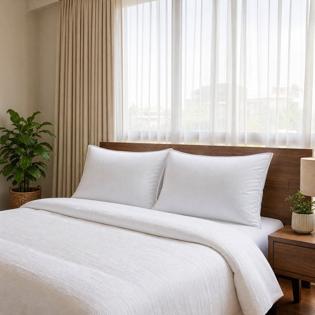 Almohadas blancas en una cama con cortinas y velo