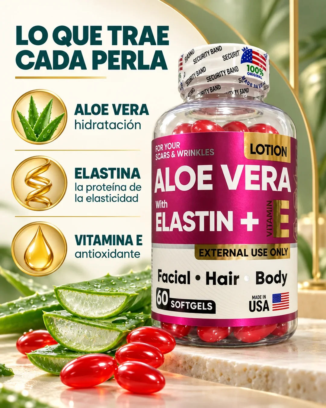 Lo que trae cada perla: aloe vera, elastina y vitamina E