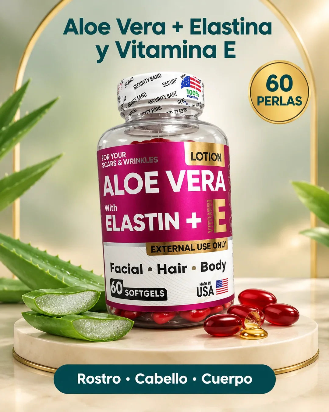 Aloe Vera con Elastina y Vitamina E, 60 perlas para rostro, cabello y cuerpo