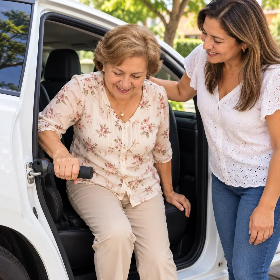 Hija acompañando a su mamá, que sale sola del carro con la manija