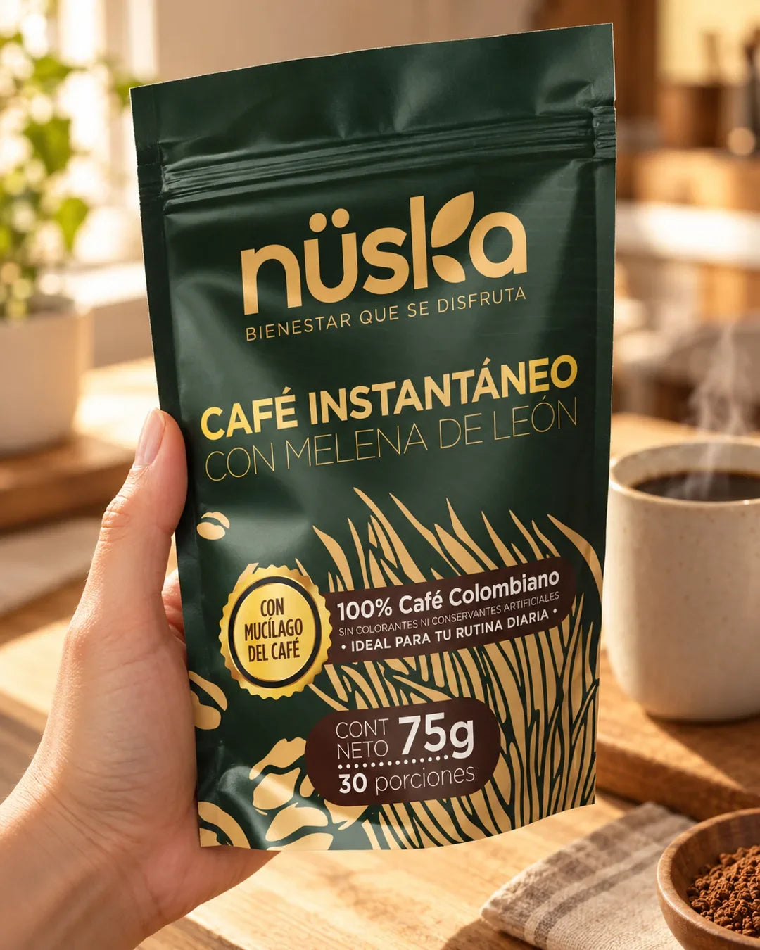 La bolsa de Café Nüska en la mano
