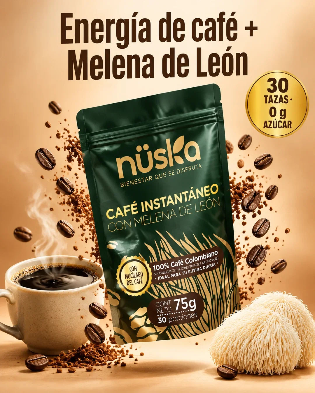 Café Nüska con melena de león: energía de café + melena de león, 30 tazas, 0 g de azúcar