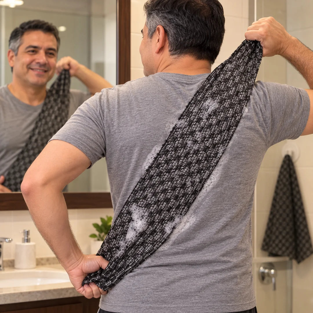 Hombre mostrando cómo la toalla larga cruza la espalda