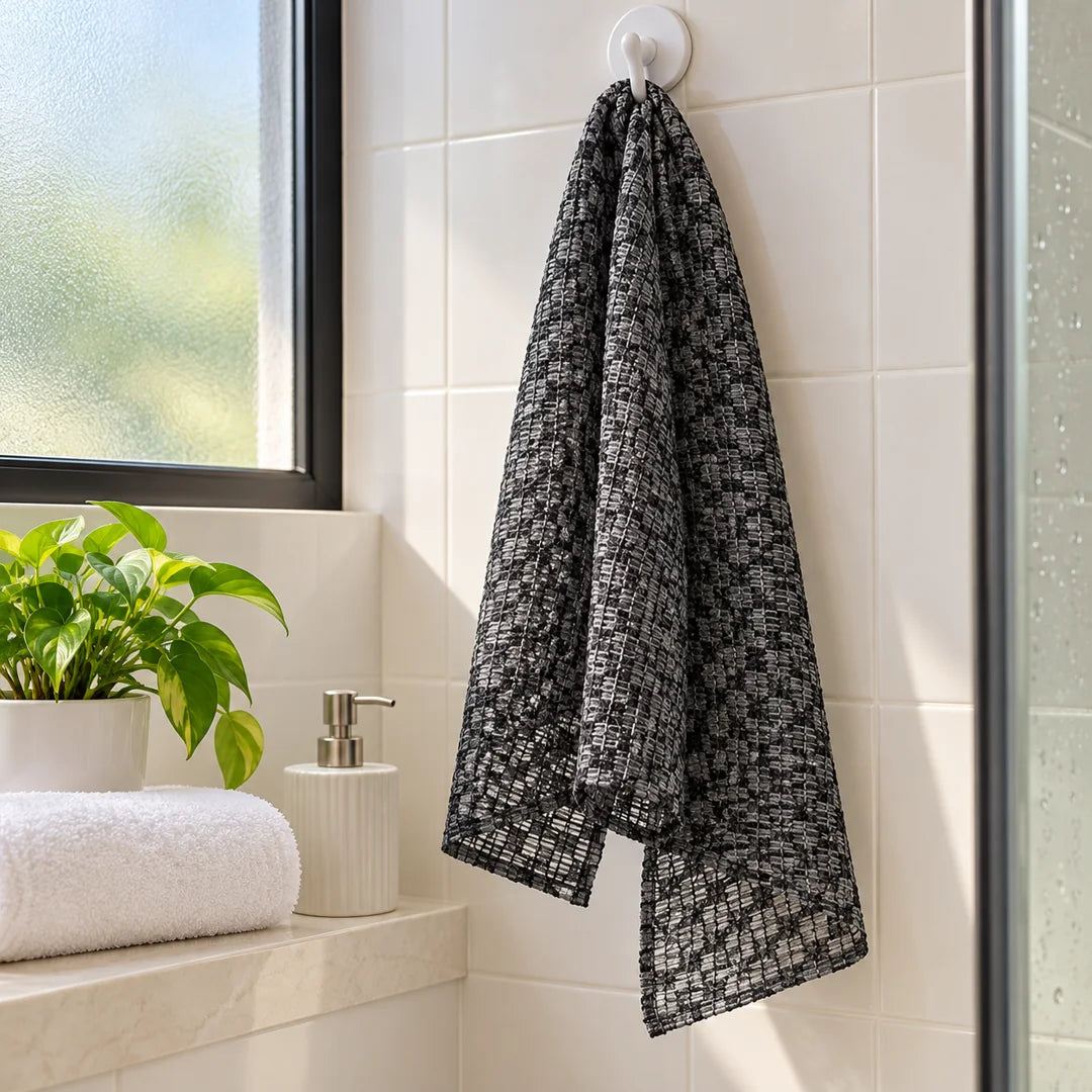 Toalla exfoliante colgada secándose en el baño