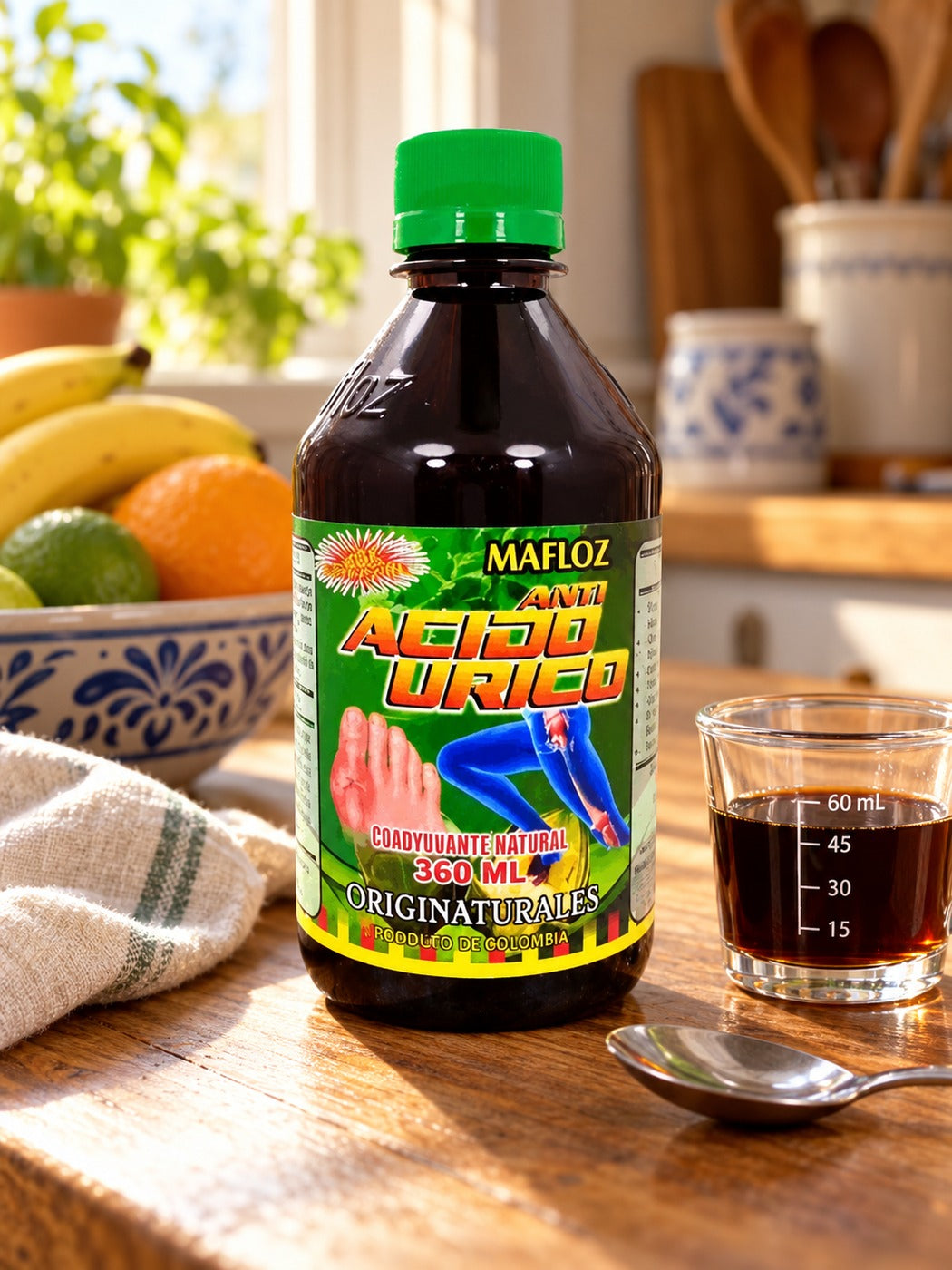 El frasco de 360 ml en la mesa de la cocina