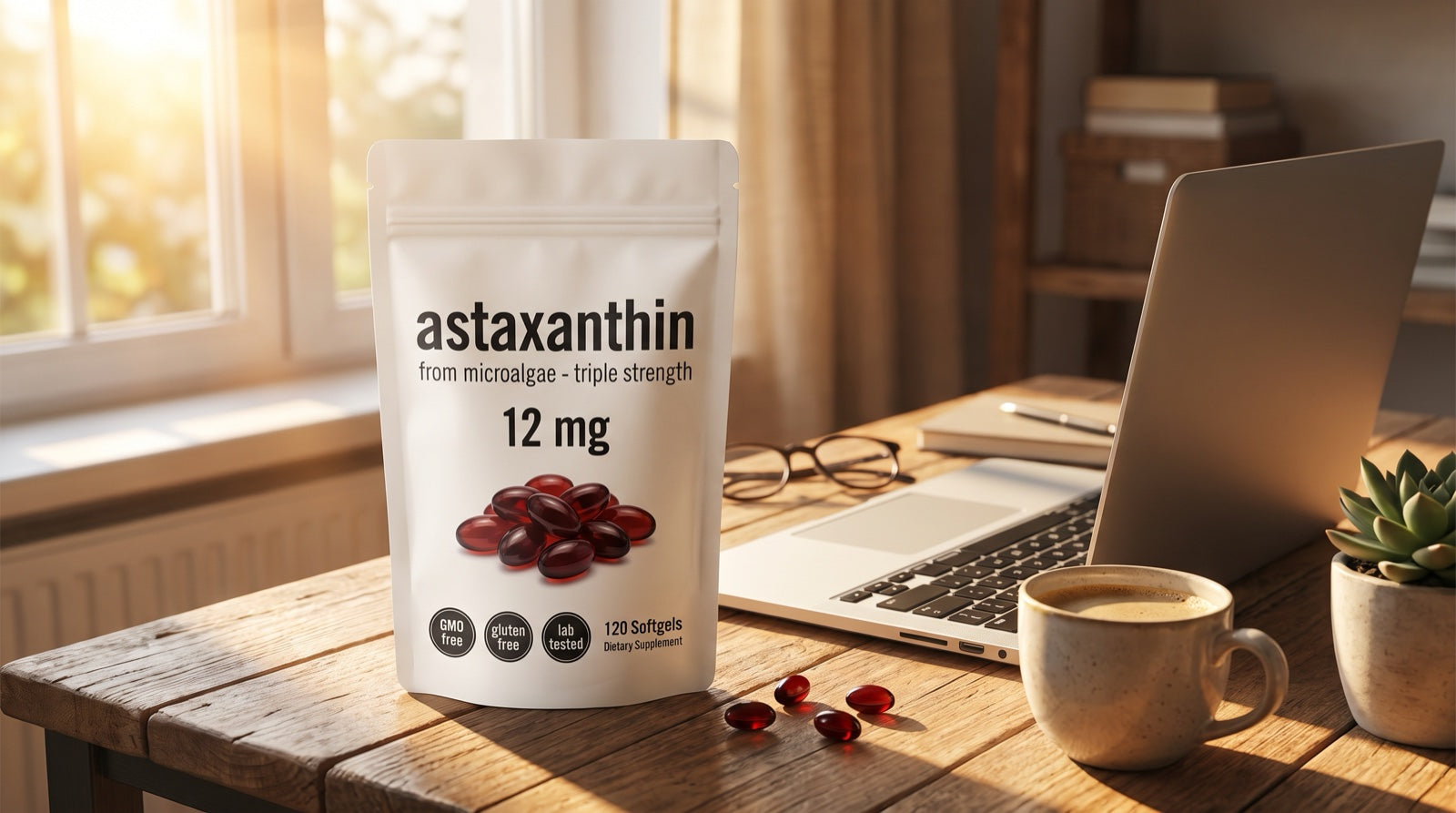 Astaxantina 12mg en el escritorio de trabajo junto al computador