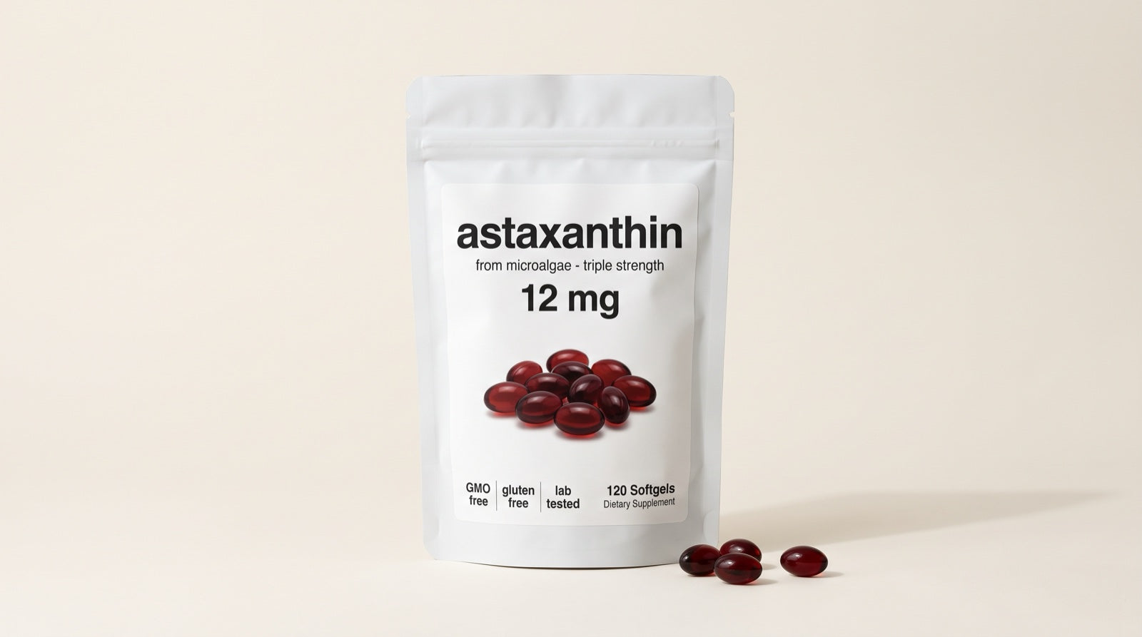 Astaxantina 12mg · 120 softgels de origen marino, con cápsulas rojas