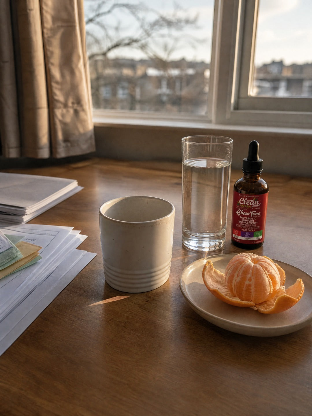 El mismo escritorio con un vaso de agua, el frasco y una mandarina