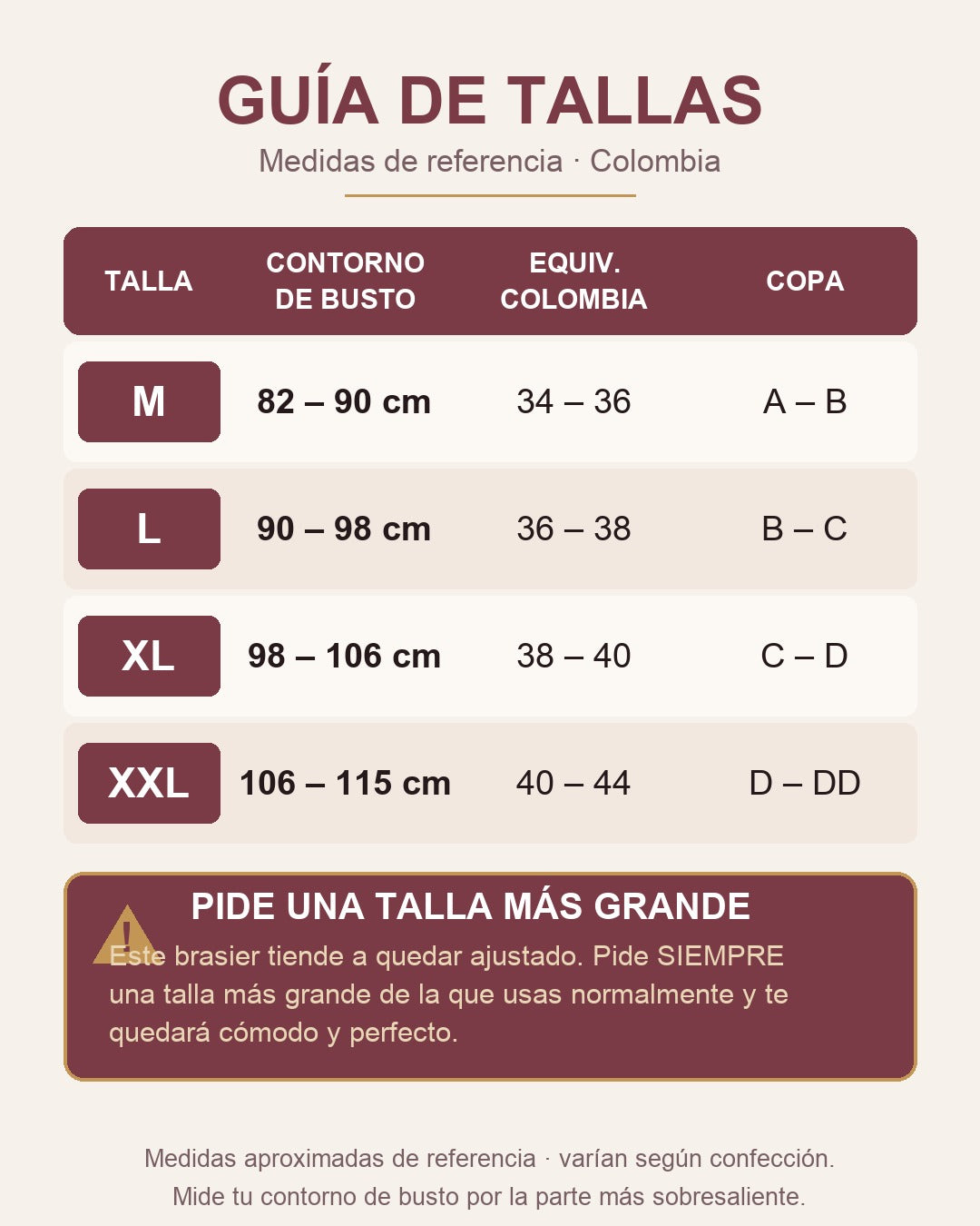 Guía de tallas Colombia · pide una talla más grande