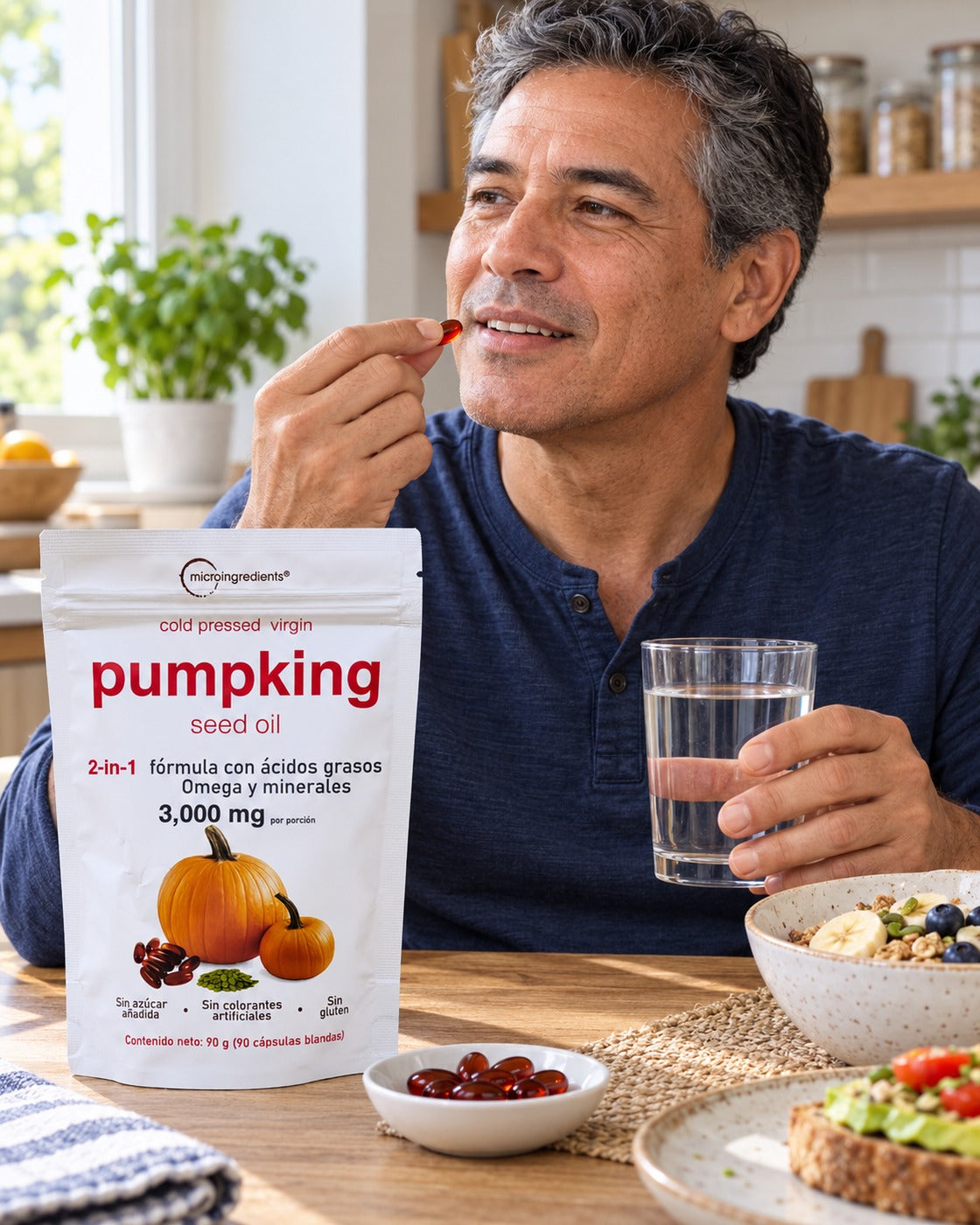 Hombre tomando su cápsula de aceite de calabaza en el desayuno