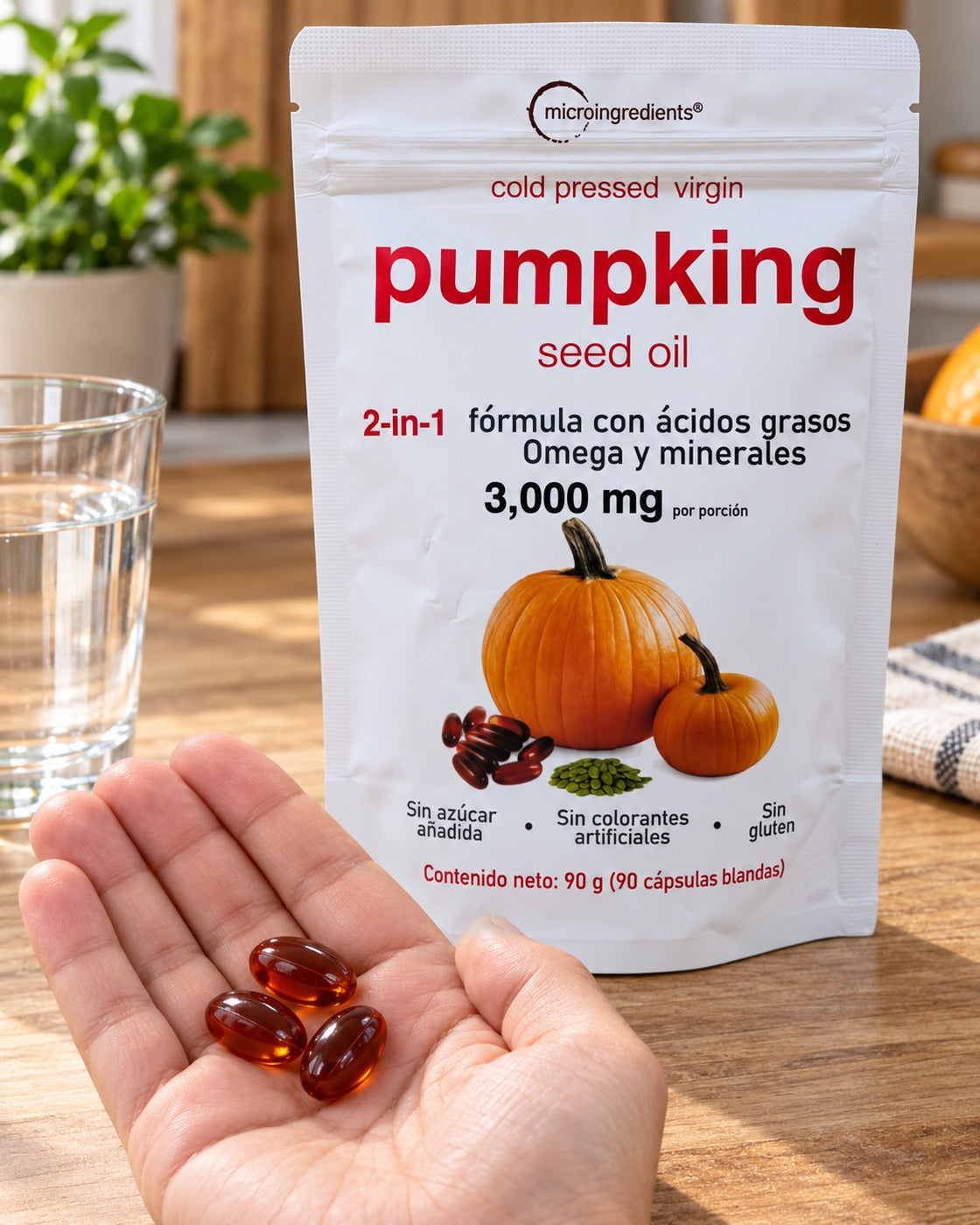 Tres cápsulas blandas de aceite de calabaza en la mano
