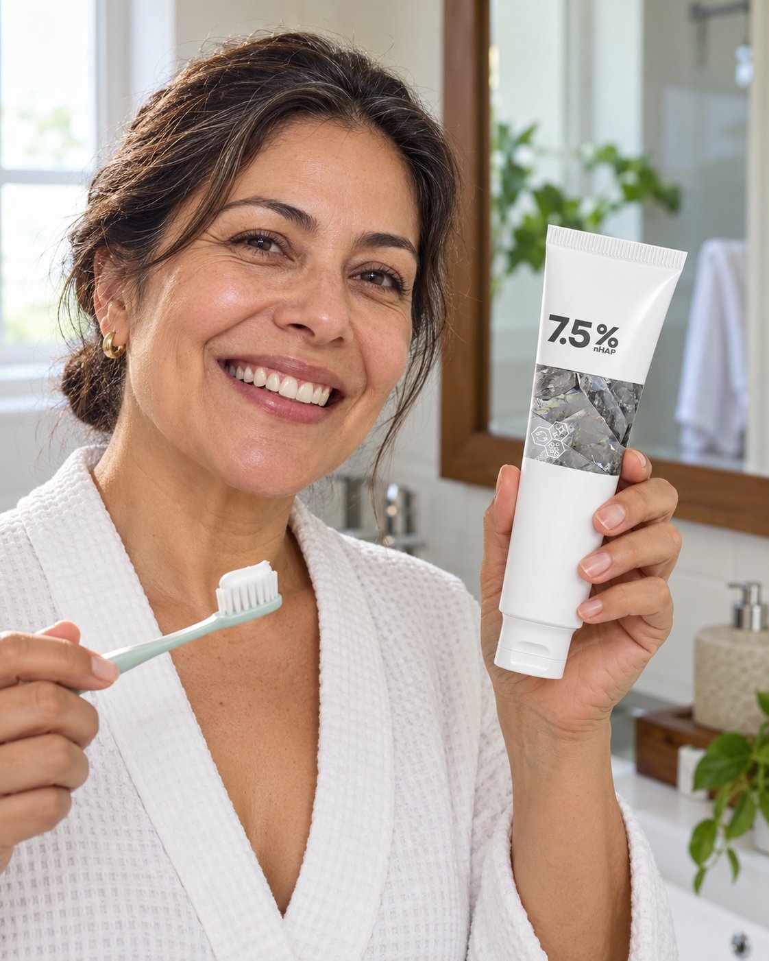 Mujer sonriendo frente al espejo con la crema dental