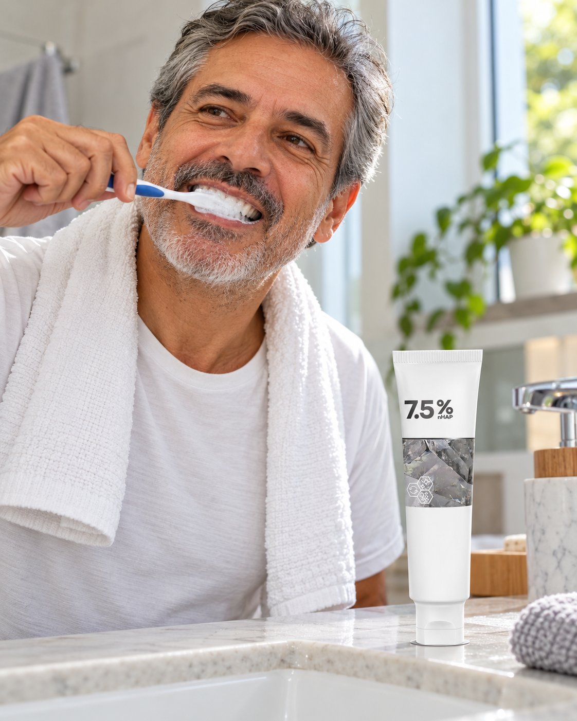 Hombre cepillándose los dientes en la mañana