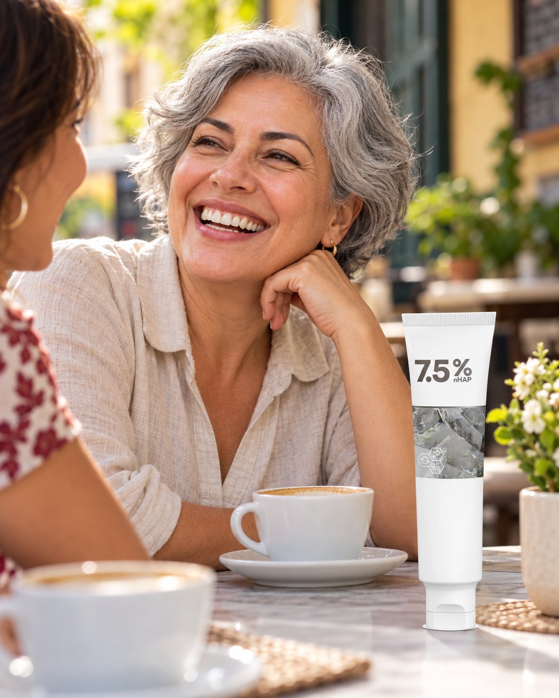 Mujer sonriendo con una amiga en un café
