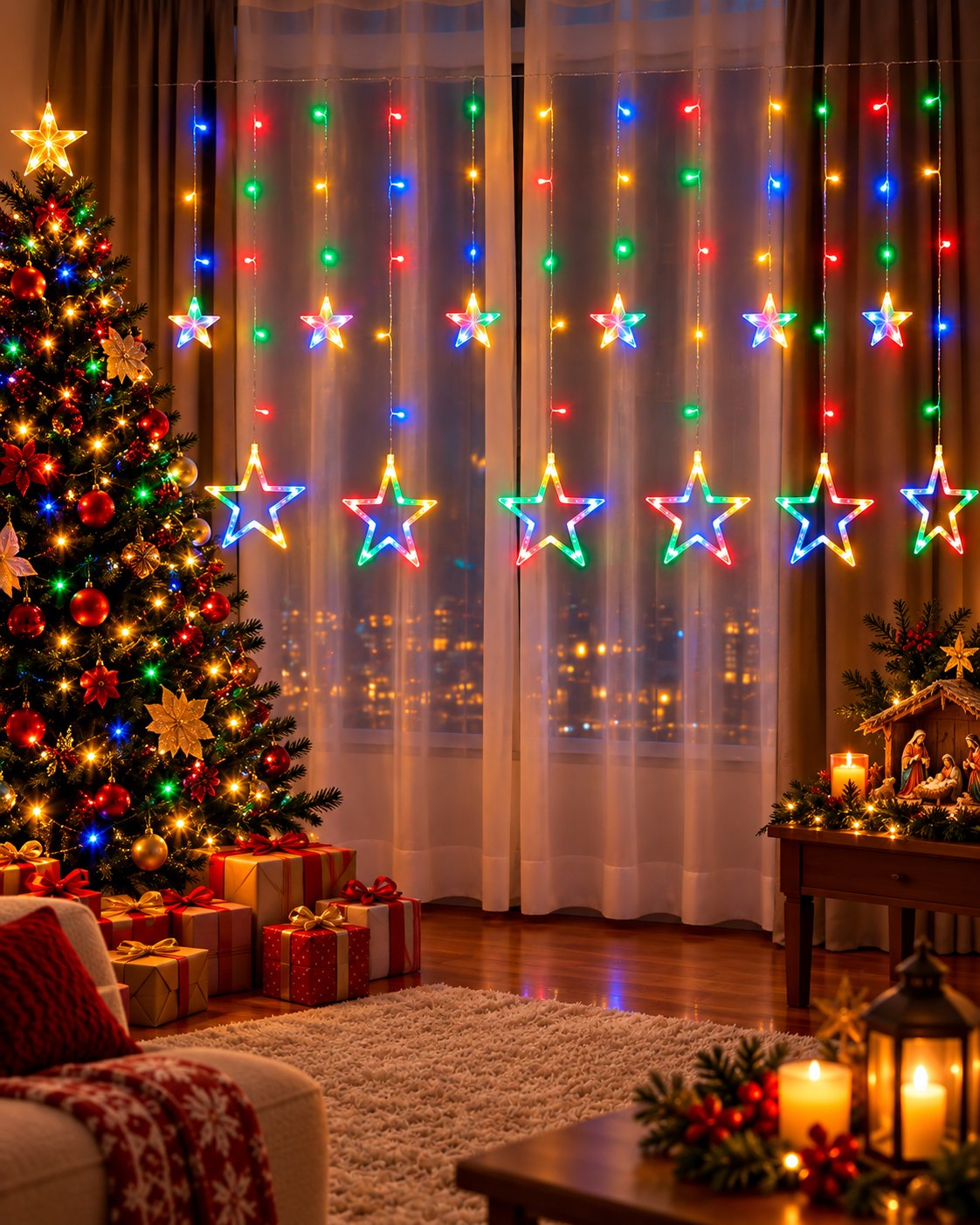 Cortina de luces con estrellas multicolor detrás del árbol de Navidad