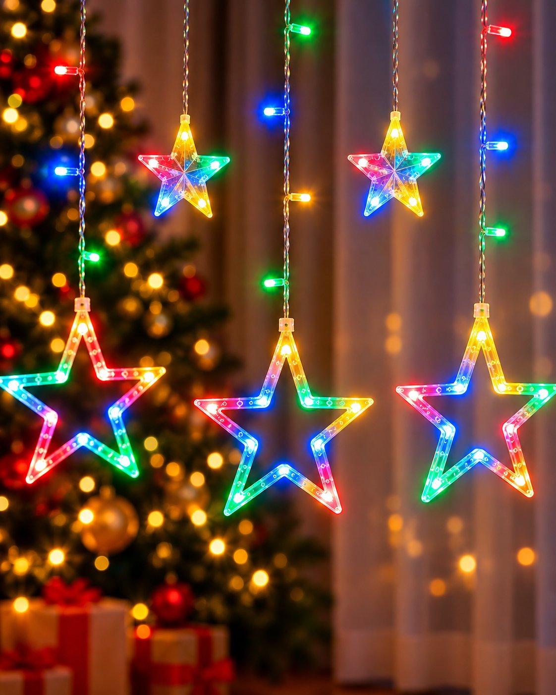 Detalle de las estrellas LED de la cortina