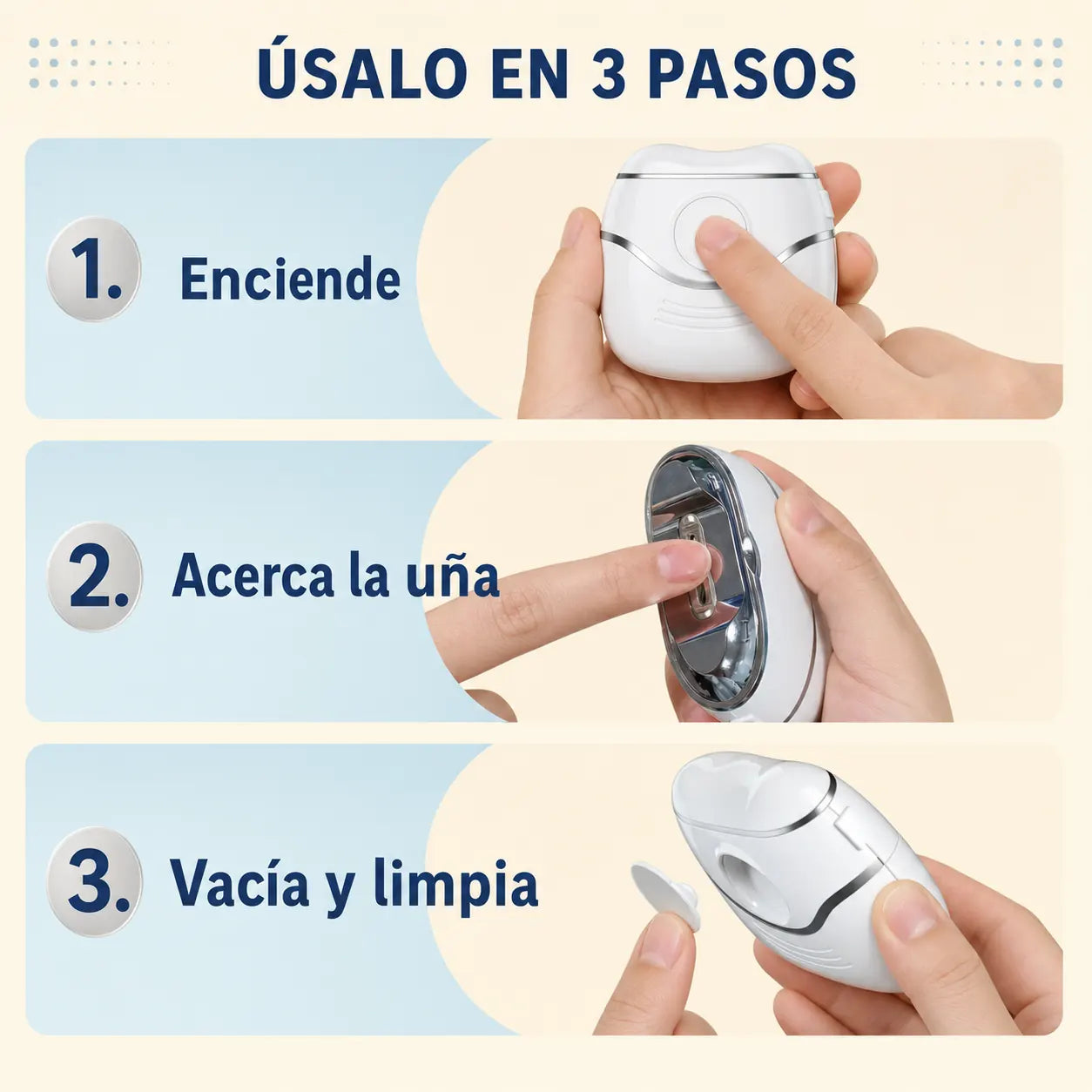 Guía en tres pasos para usar el cortaúñas eléctrico
