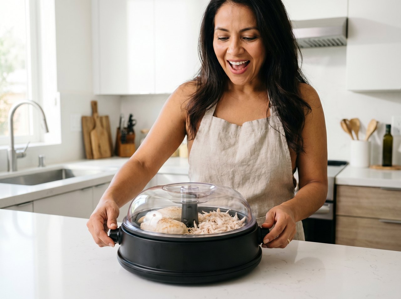 Mujer desmenuzando pollo en segundos en la cocina