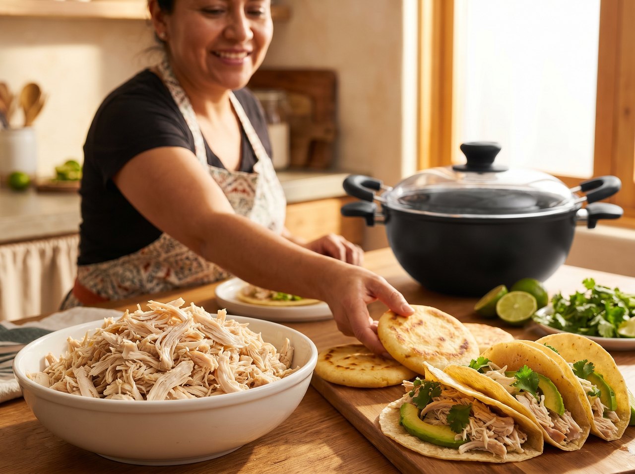 Pollo desmenuzado listo para arepas y tacos