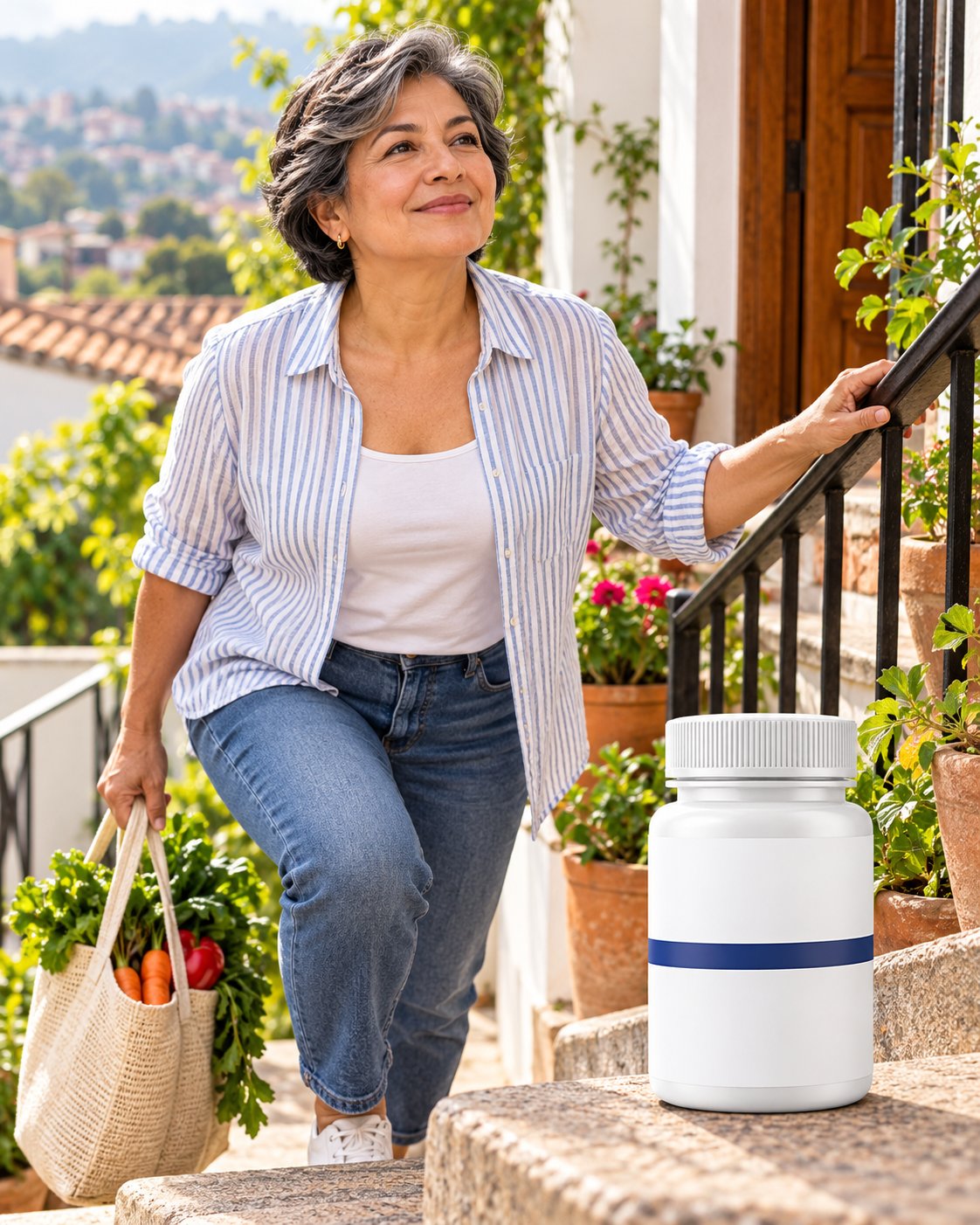 Mujer subiendo las escaleras de su casa
