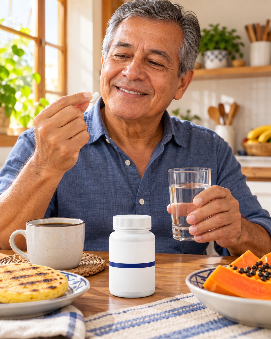 Hombre tomando su cápsula en el desayuno