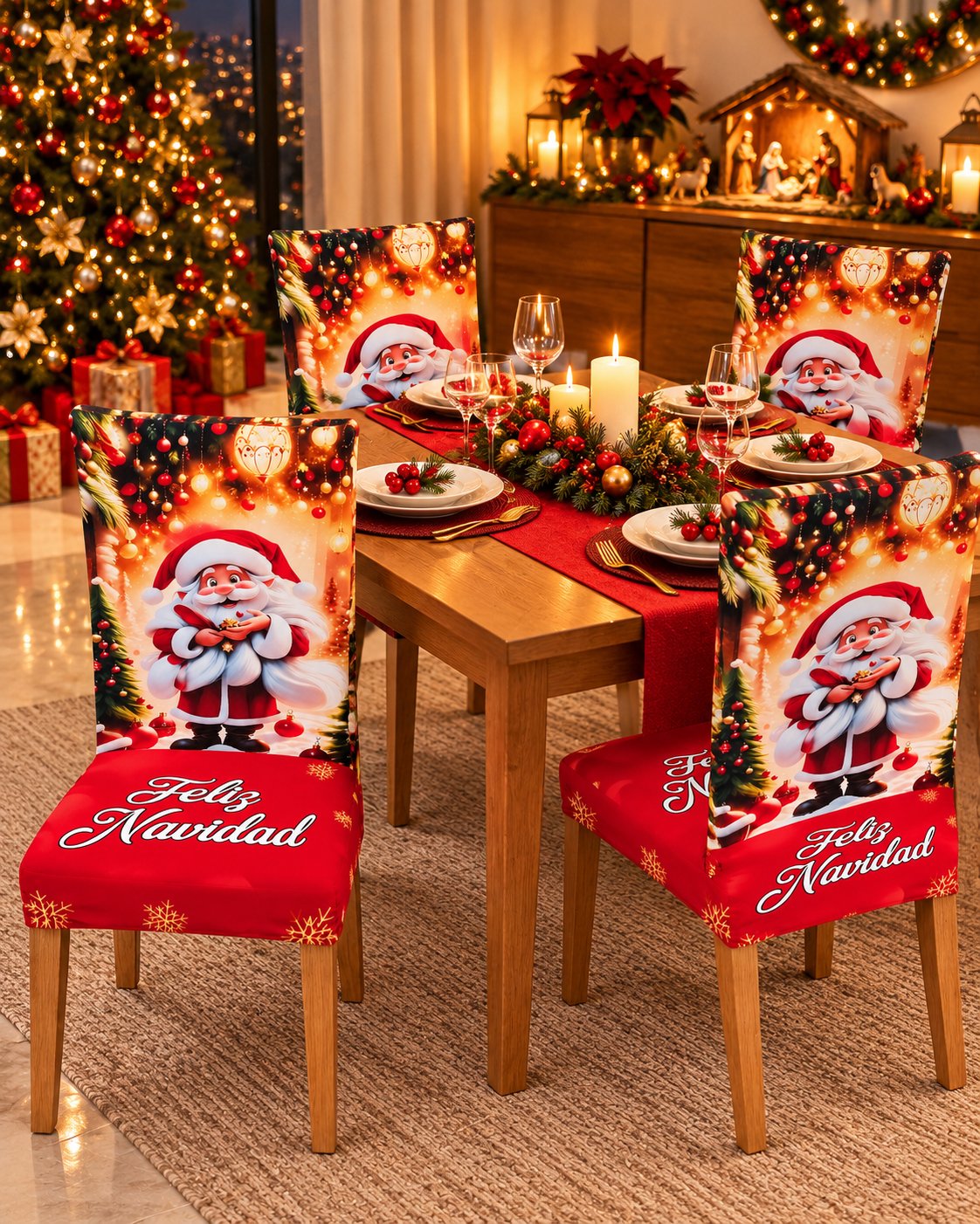 Comedor de 4 puestos con fundas navideñas de Papá Noel