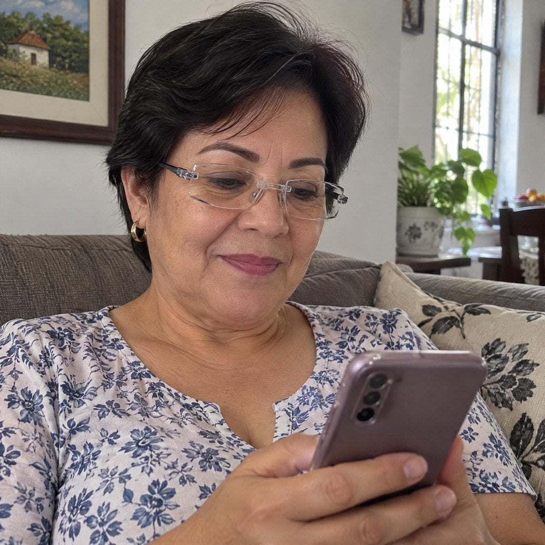 Señora leyendo los mensajes del celular con las gafas bifocales puestas
