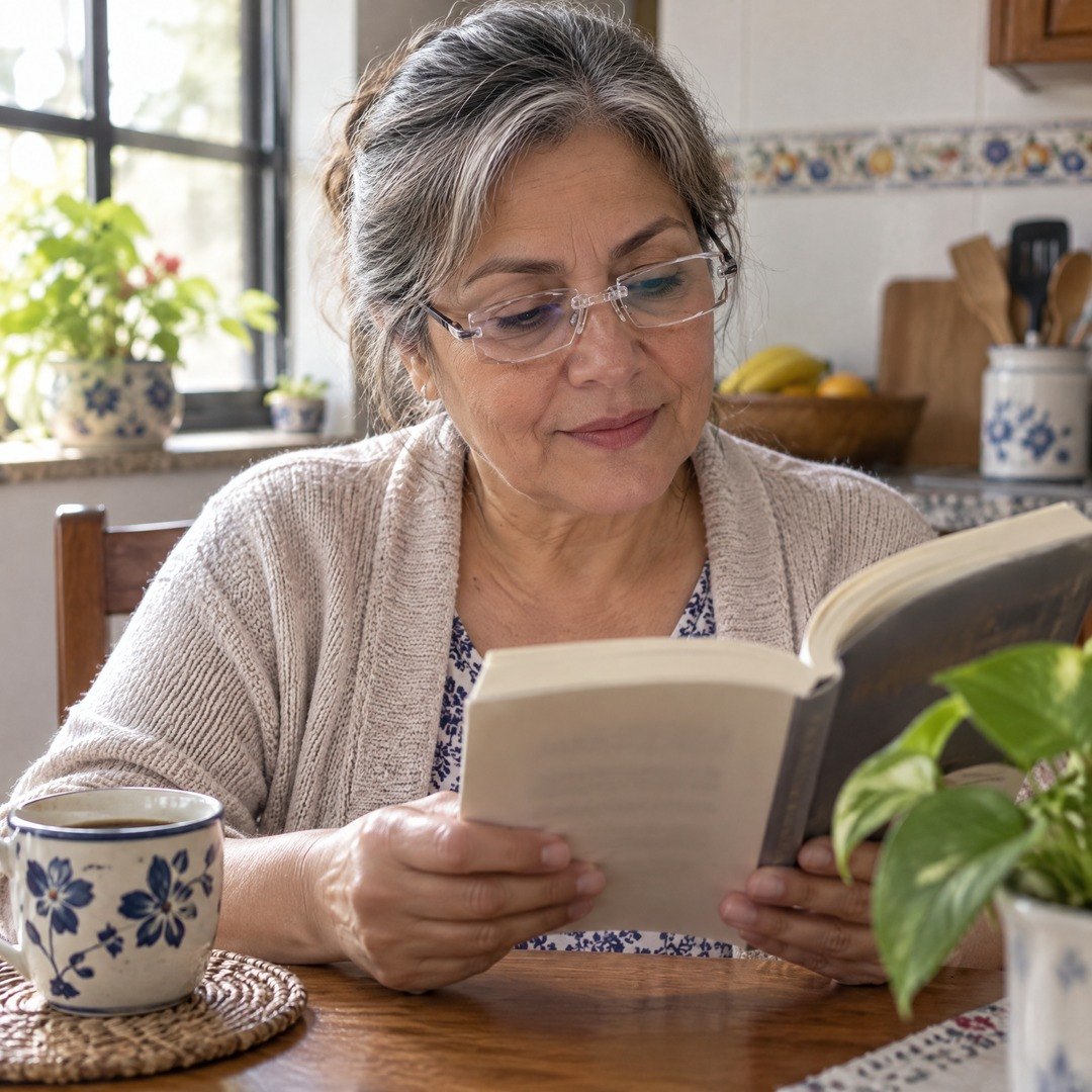 Leyendo un libro en la mesa de la cocina con las gafas