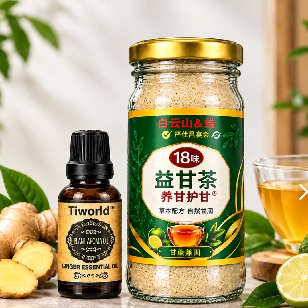 El combo: frasco de té de 64 g y aceite de jengibre con gotero