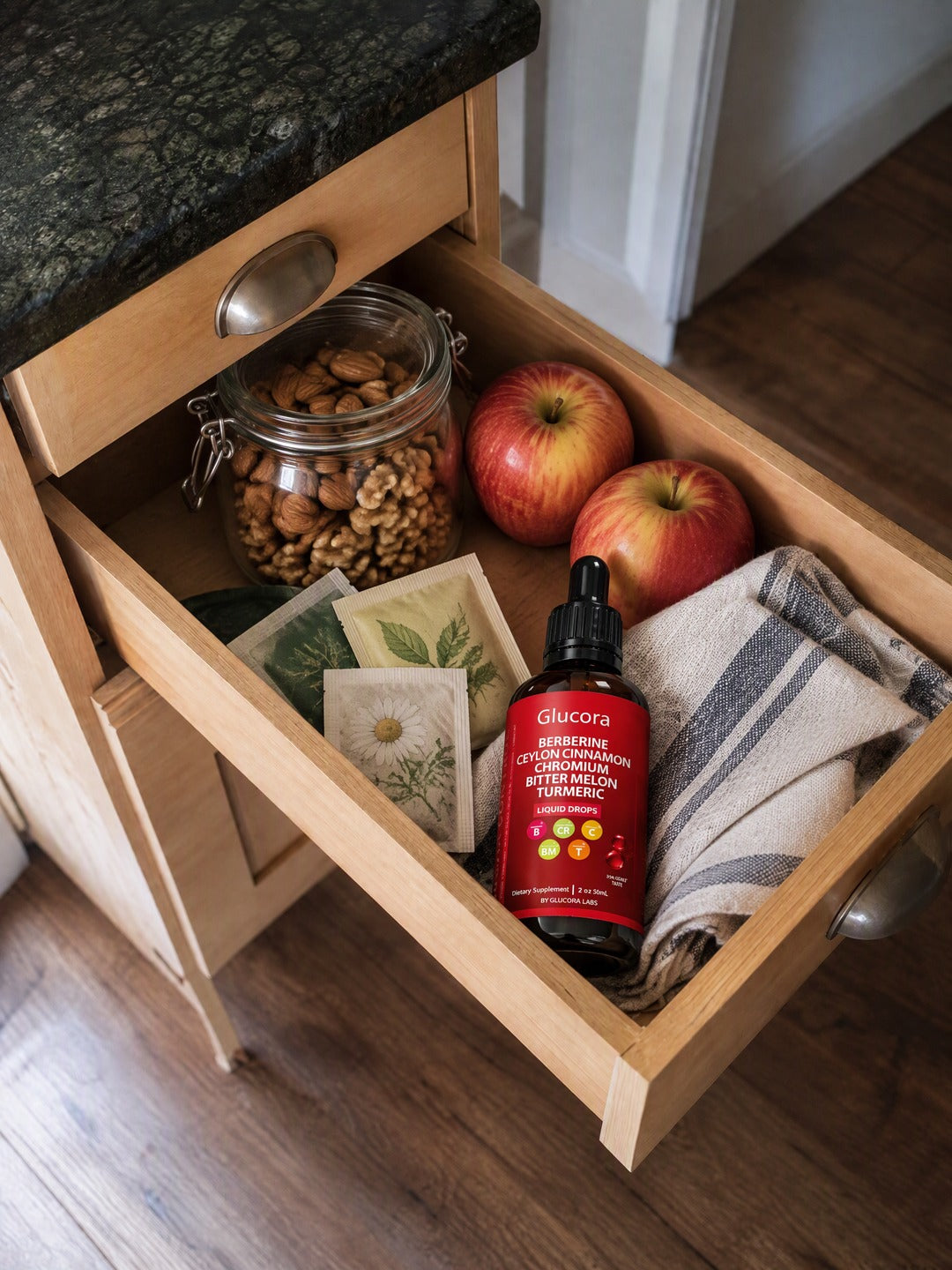 El mismo cajón con frutos secos, té, manzanas y el frasco de Glucora