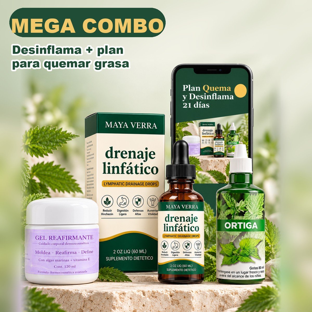 Mega combo: gotas Maya Verra, gel reafirmante, ortiga y guía Plan Quema 21 días
