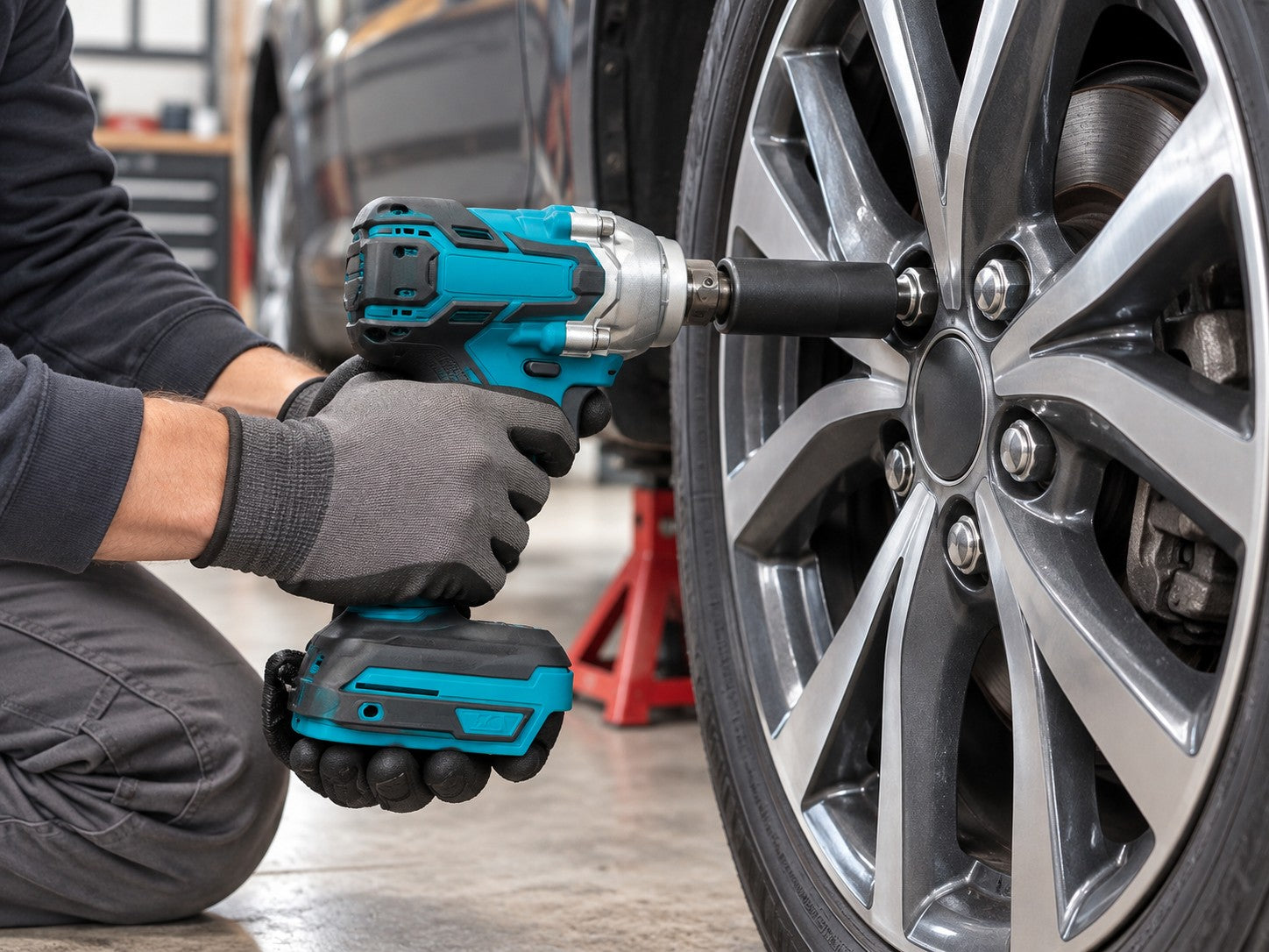 Llave de impacto inalámbrica usada en la rueda de un carro