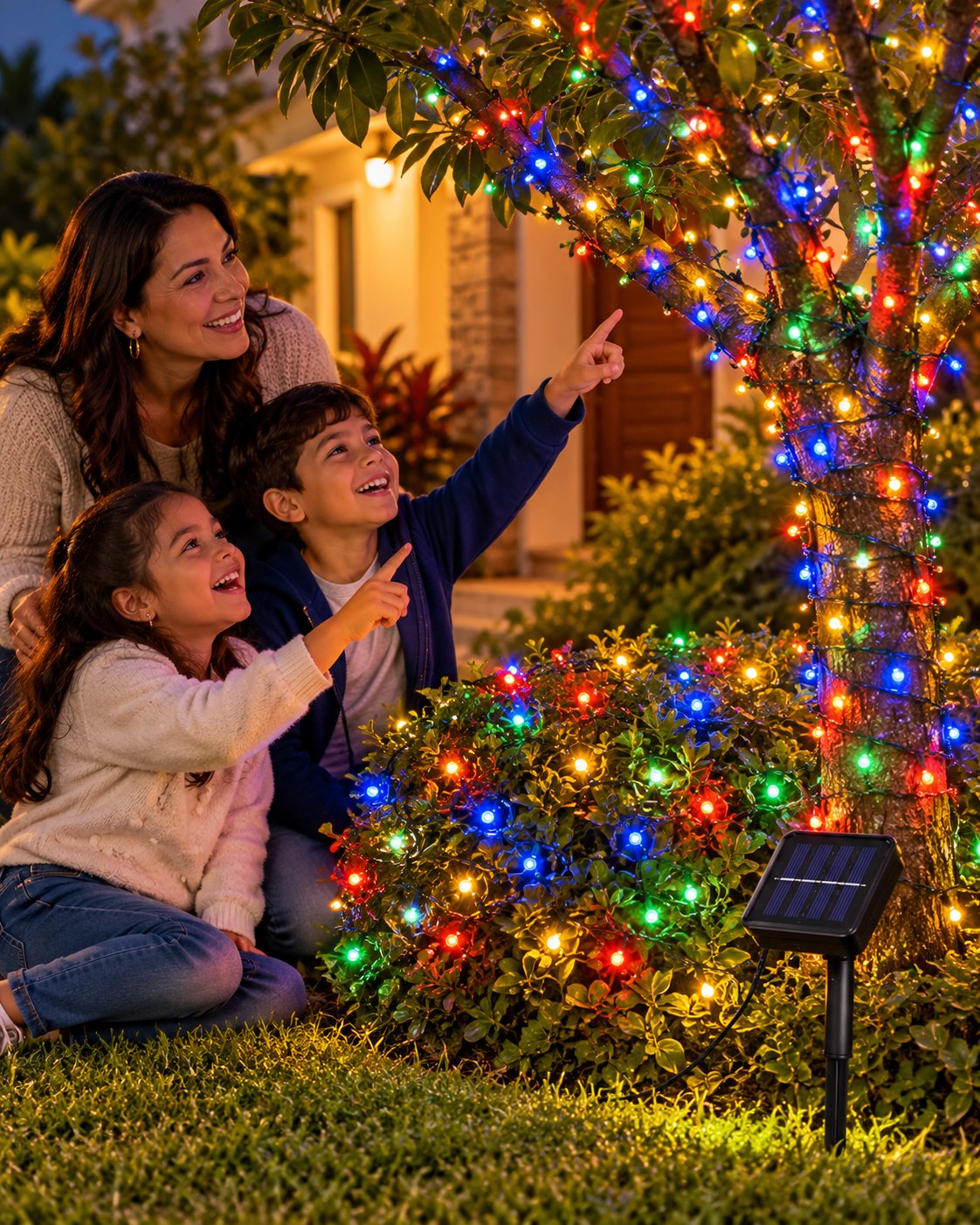 Árbol del antejardín con luces solares multicolor