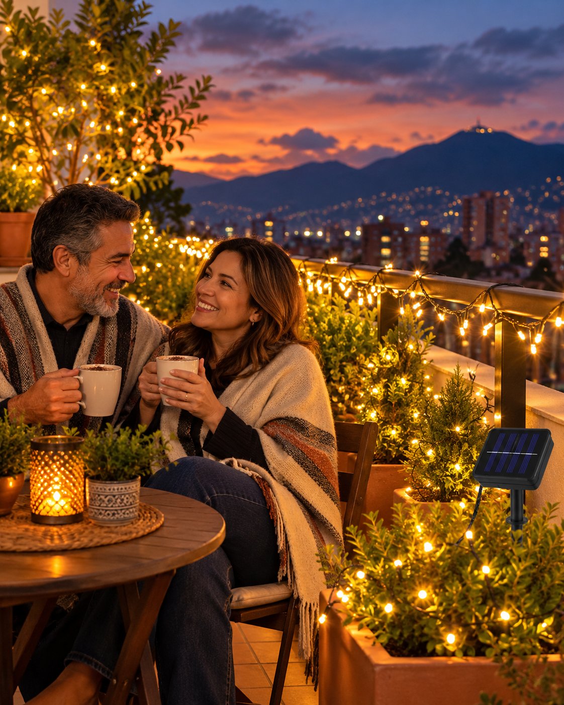 Terraza con luces solares blanco cálido