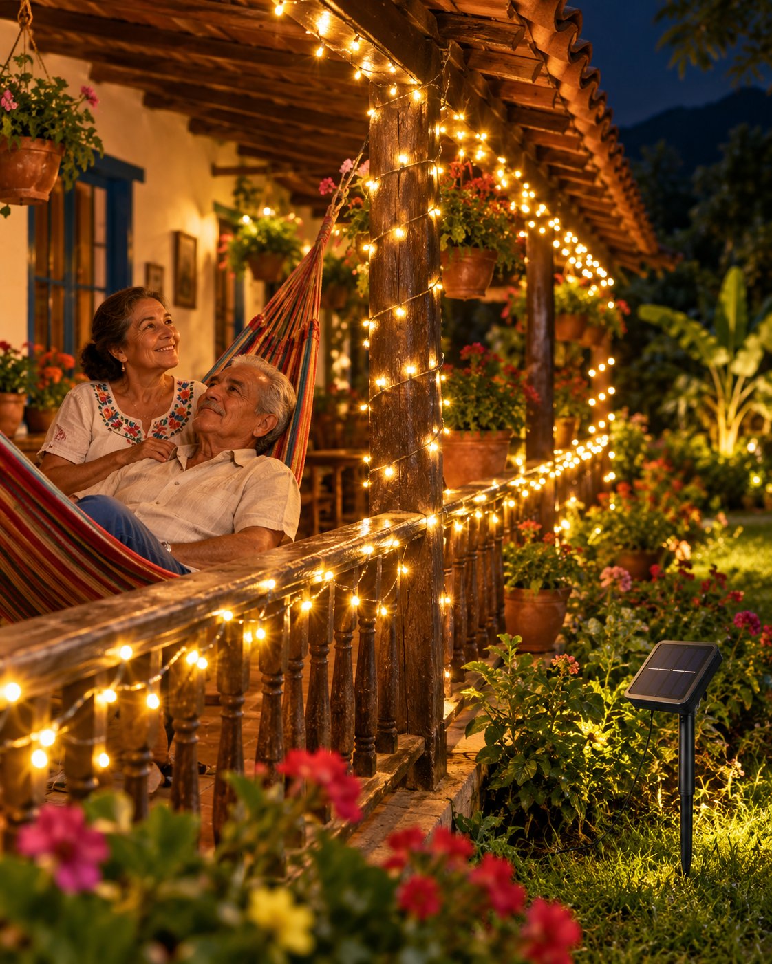 Corredor de finca con luces solares