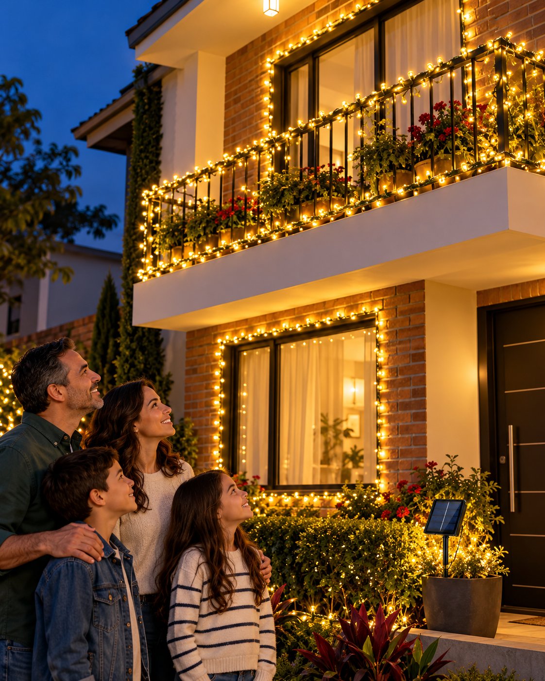 Fachada de casa con luces navideñas solares en el balcón